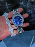 Iced silver watch & floral bracelet set – blue dial luxury combo
