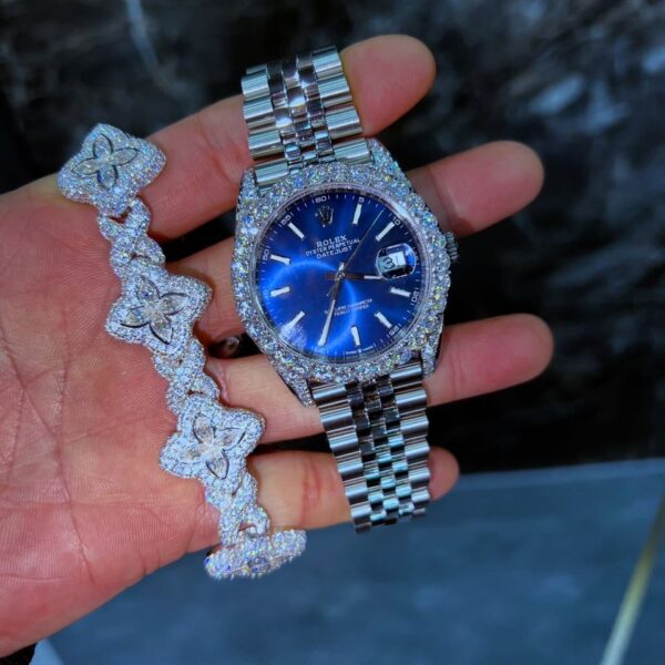 Iced silver watch & floral bracelet set – blue dial luxury combo