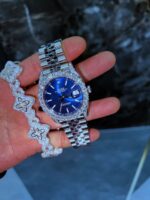 Iced silver watch & floral bracelet set – blue dial luxury combo - Image 3