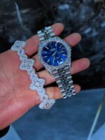 Iced silver watch & floral bracelet set – blue dial luxury combo - Image 4