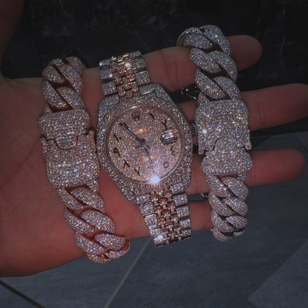 Rose Gold Iced Watch & Dual Cuban Bracelet Set – Ultimate Luxury Combo