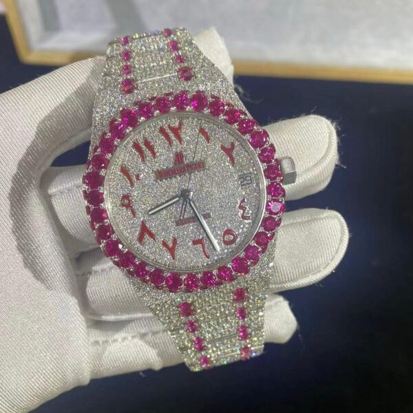 Iced-Out Watch with Ruby Accents – Luxury Statement Timepiece