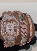 Cartier Iced Square Watch & Bracelet Combo – Rose Gold Luxury Set