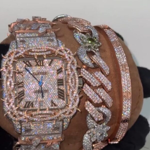 Cartier Iced Square Watch & Bracelet Combo – Rose Gold Luxury Set