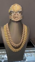 Rolex Iced Datejust Watch & Cuban Chain Set – Two-Tone Luxury Combo