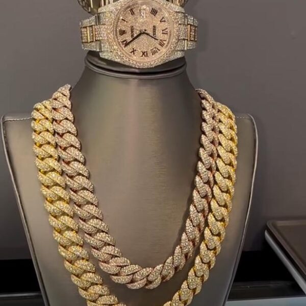 Rolex Iced Datejust Watch & Cuban Chain Set – Two-Tone Luxury Combo