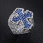 Iced Blue Cross Statement Ring (Baguette Stone Design – Silver Tone)