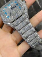 Cartier Santos Full White Ice Diamond Watch with Blue Arabic Dial - Image 2