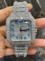 Cartier Santos Full White Ice Diamond Watch with Blue Arabic Dial