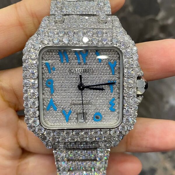Cartier Santos Full White Ice Diamond Watch with Blue Arabic Dial