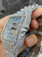 Cartier Santos Full White Ice Diamond Watch with Blue Arabic Dial - Image 3