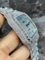 Cartier Santos Full White Ice Diamond Watch with Blue Arabic Dial - Image 4
