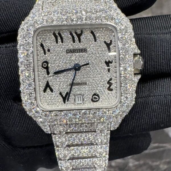 Cartier Santos Full White Ice Diamond Watch with Arabic Dial