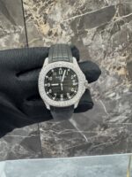 Patek Philippe Full White Ice Black Dial Diamond Watch with Rubber Strap