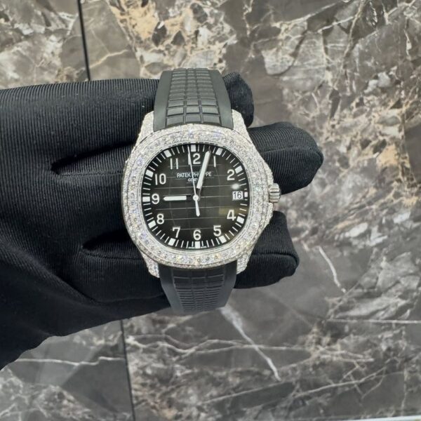 Patek Philippe Full White Ice Black Dial Diamond Watch with Rubber Strap