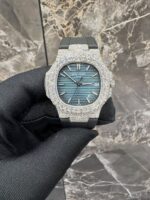 Patek Philippe Full White Ice Blue Dial Diamond Watch with Rubber Strap