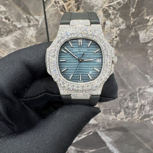 Patek Philippe Full White Ice Blue Dial Diamond Watch with Rubber Strap