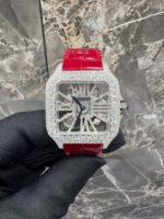 Cartier Santos Full White Ice Skeleton Diamond Watch with Red Leather Strap