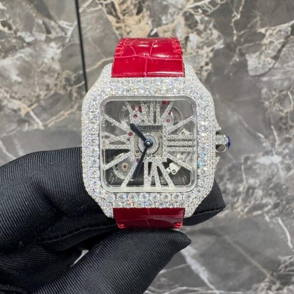 Cartier Santos Full White Ice Skeleton Diamond Watch with Red Leather Strap