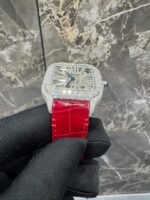 Cartier Santos Full White Ice Skeleton Diamond Watch with Red Leather Strap - Image 3