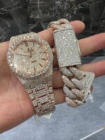 Audemars Piguet Royal Oak Iced-Out Rose Gold Watch & Diamond Cuban Bracelet Set