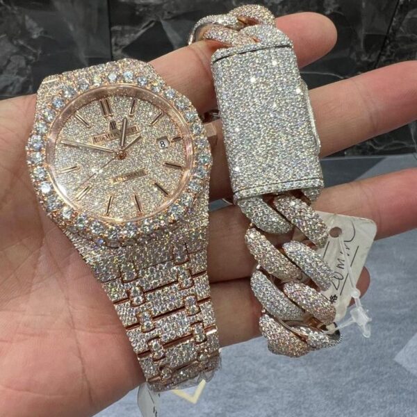 Audemars Piguet Royal Oak Iced-Out Rose Gold Watch & Diamond Cuban Bracelet Set