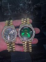 Rolex Day-Date Iced-Out Gold Luxury Watch Set (Green & Silver Dial)