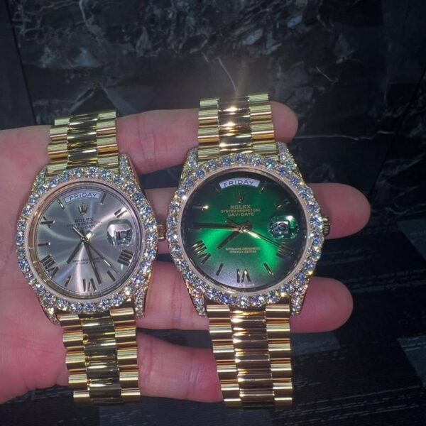 Rolex Day-Date Iced-Out Gold Luxury Watch Set (Green & Silver Dial)