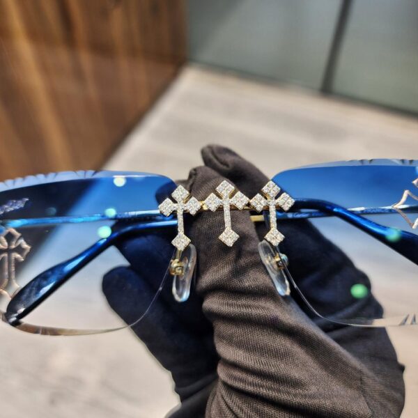 Cartier Full White Ice Cross Detail Blue Lens Rimless Luxury Sunglasses