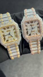 Cartier Santos Iced-Out Diamond Luxury Watch Set (Gold & Silver Tone)