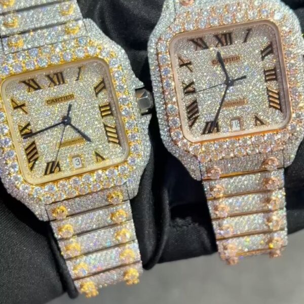 Cartier Santos Iced-Out Diamond Luxury Watch Set (Gold & Silver Tone)