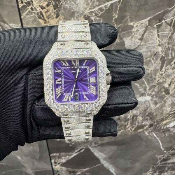 Cartier Santos Iced-Out Diamond Purple Dial Luxury Watch