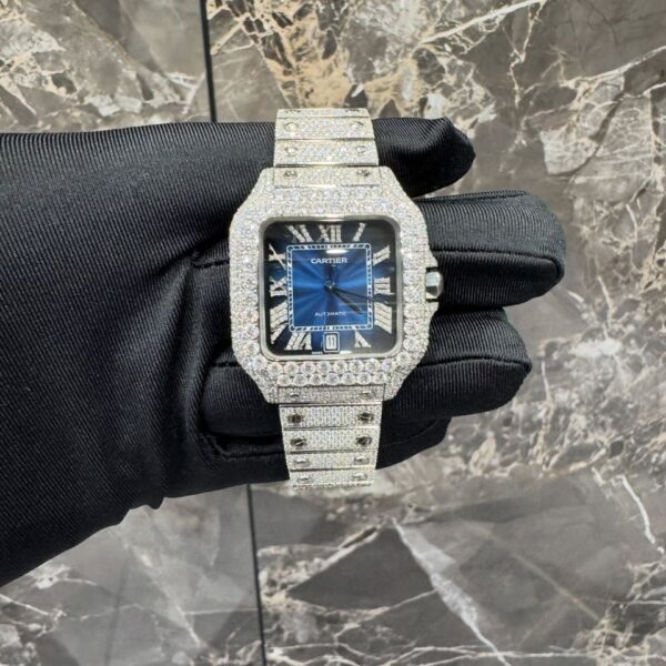 Cartier Santos Iced-Out Diamond Blue Dial Luxury Watch