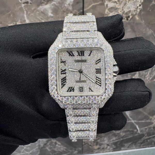 Cartier Santos Full Iced-Out Diamond Silver Dial Luxury Watch