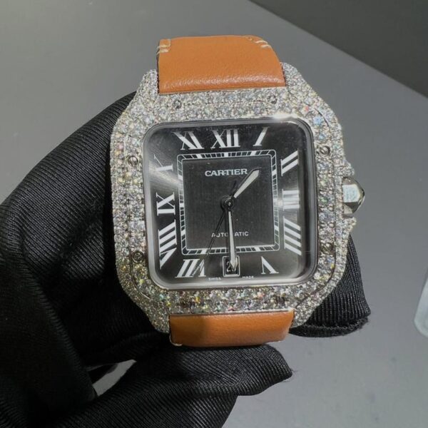 Cartier Santos Iced-Out Diamond Leather Strap Luxury Watch
