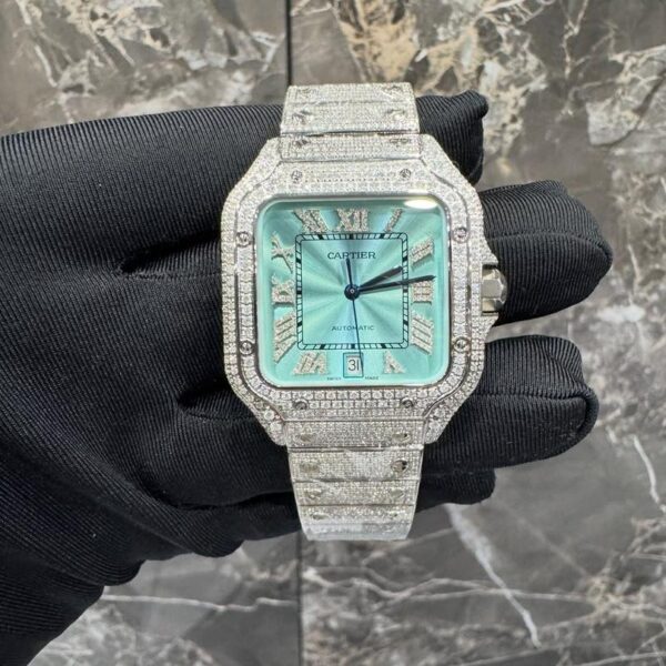 Cartier Santos Iced-Out Diamond Ice Blue Dial Luxury Watch