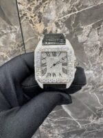 Cartier Santos Iced-Out Diamond Silver Dial Leather Strap Luxury Watch