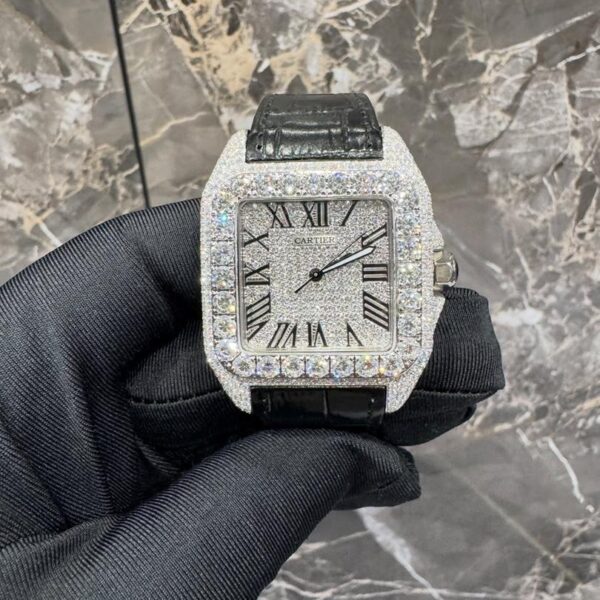 Cartier Santos Iced-Out Diamond Silver Dial Leather Strap Luxury Watch