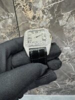 Cartier Santos Iced-Out Diamond Silver Dial Leather Strap Luxury Watch - Image 3