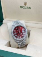 Rolex Datejust Full White Ice Diamond Watch with Red Dial