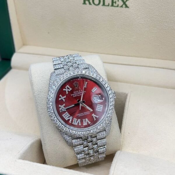 Rolex Datejust Full White Ice Diamond Watch with Red Dial