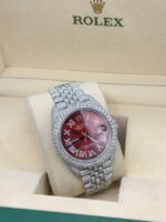 Rolex Datejust Full White Ice Diamond Watch with Red Dial - Image 2