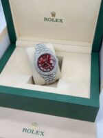 Rolex Datejust Full White Ice Diamond Watch with Red Dial - Image 3