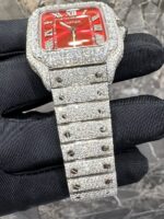 Cartier Santos Full White Ice Diamond Watch with Red Sunburst Dial - Image 2