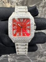 Cartier Santos Full White Ice Diamond Watch with Red Sunburst Dial