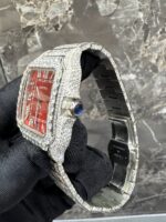 Cartier Santos Full White Ice Diamond Watch with Red Sunburst Dial - Image 3