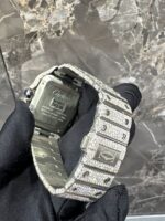 Cartier Santos Full White Ice Diamond Watch with Red Sunburst Dial - Image 6