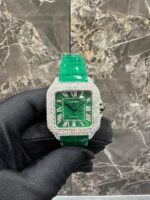 Cartier Santos Full White Ice Diamond Watch with Green Dial and Green Leather Strap