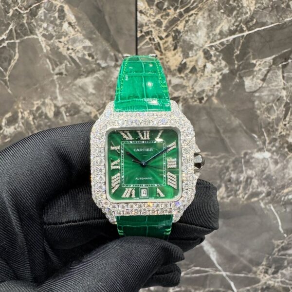Cartier Santos Full White Ice Diamond Watch with Green Dial and Green Leather Strap