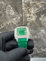 Cartier Santos Full White Ice Diamond Watch with Green Dial and Green Leather Strap - Image 4
